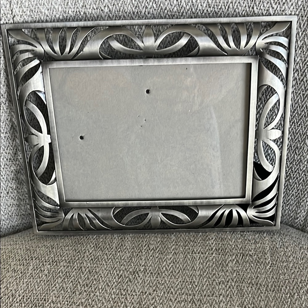 Burns of Boston metal pewter like silver tone photo frame cut out scroll  5x7
